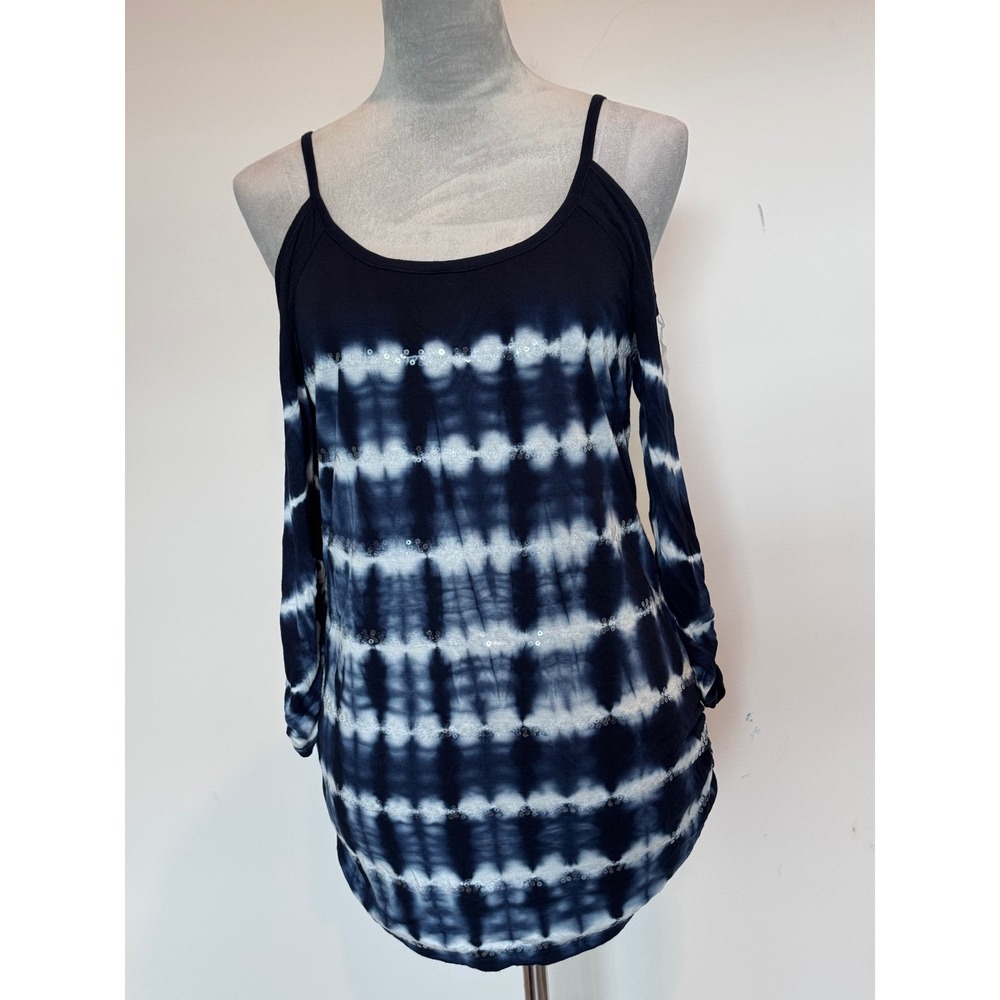 INC Navy Tie Dye Sequin Cold Shoulder Top Large Long Sleeve Blouse